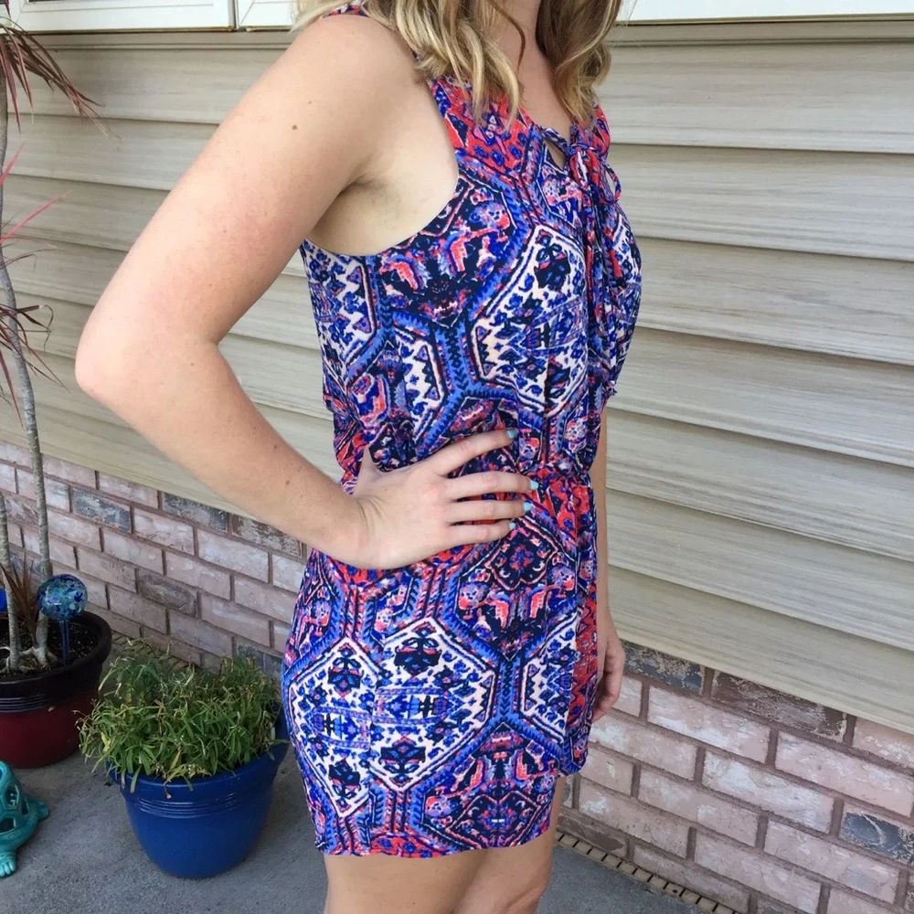 Everly Southwest Print Lace Up Front Navy Blue Romper Shorts Sz S